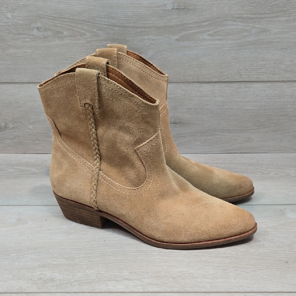 Lucky Brand Women Tan Suede Ankle Moto Boho Boots The Pointed Toe Shoes 8.5M - Picture 1 of 14